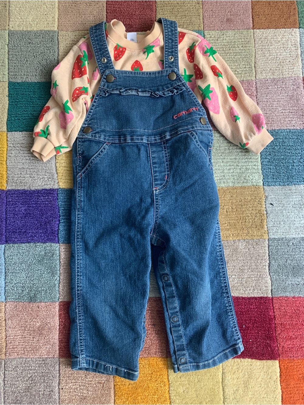 24M Carhartt Girls’ Overalls Outfit with Ruffles and Strawberries